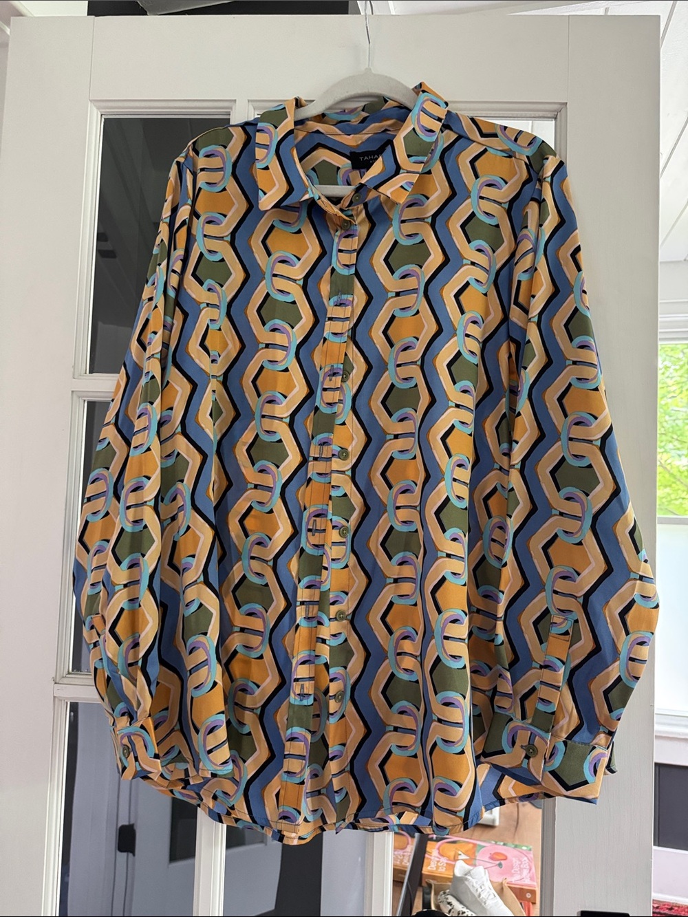 Tahari Geometric Print Long-Sleeve Button-Down in Mustard, Blue, Green